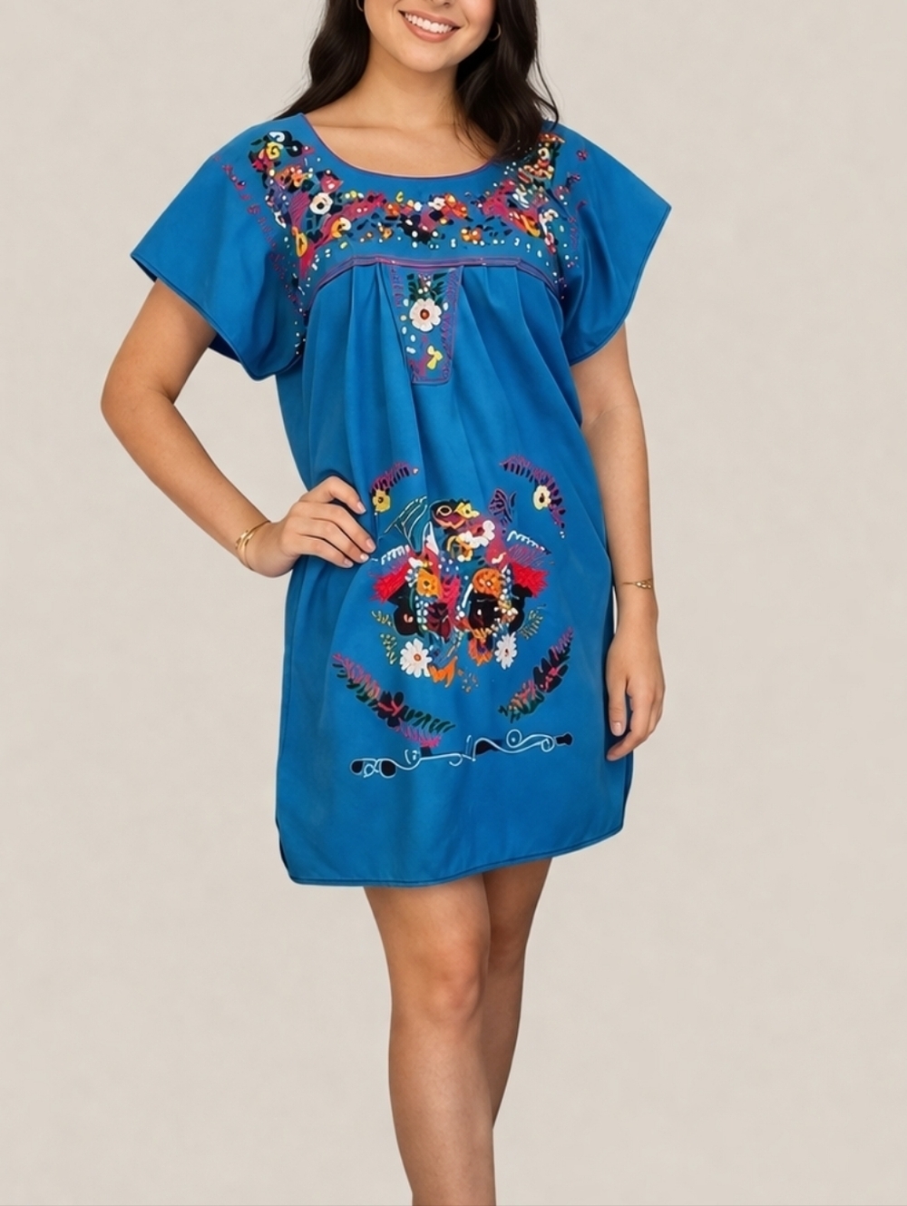 Traditional Mexican Floral Embroidered Fiesta Puebla Huipil Dress XL